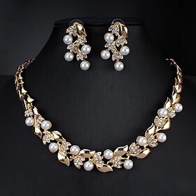 Hoop Earrings Two-piece Suit White Imitation Pearl Rhinestone 1 Necklace Earrings Women's Basic Fashion Korean Classic Leaf Jewelry Set For Party Wedding Engag