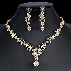 Hoop Earrings 1 set White Cubic Zirconia 18K Gold Plated Rhinestone 1 Necklace Earrings Women's Elegant Basic Korean Classic Drop Feather Jewelry Set For Carni