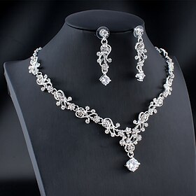 Hoop Earrings 1 set White Cubic Zirconia Rhinestone Zinc 1 Necklace Earrings Women's Basic Elegant Korean Classic Drop Feather Jewelry Set For Party Wedding Ca