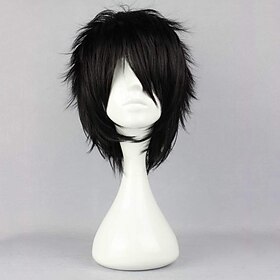Black Wigs for Men Cosplay  Wig Synthetic Wig Curly Asymmetrical Wig Short Black Synthetic Hair 12 Inch Men's Fluffy Black Halloween Wigs