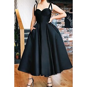 Ball Gown Cocktail Black Dress Vintage Dress Party Wear Prom Tea Length Sleeveless Spaghetti Strap Wednesday Addams Family Satin With Pleat