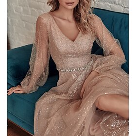 A-Line Glittering Prom Dress Maxi Party Dress Formal Evening Birthday Dress V Neck Long Sleeve Floor Length Tulle With Sash / Ribbon 2024