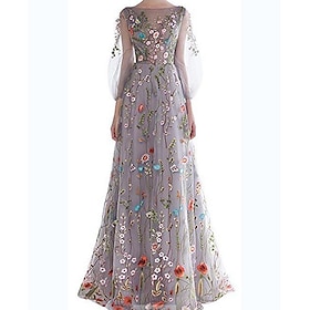 A-Line Prom Dresses Floral Dress Valentine's Day Wedding Guest Floor Length 3/4 Length Sleeve Boat Neck Tulle With Embroidery 2024