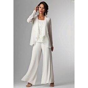 Ensemble de Pantalon 3 Pièces Mère de la Mariée Invité de Mariage Formelle Élegante Grande Taille Enveloppante Longueur de Sol Chiffon Sans Manches avec Dentel