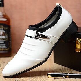 Men's Fashion Slip-On Loafers  Elegant White Faux Leather Shoes with Metal Buckle, Perfect for Formal and Business Casual Wear