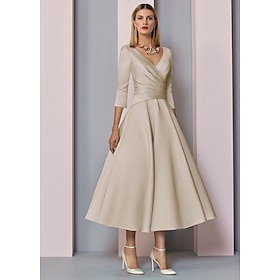 A-Line Mother Of The Bride Dress Wedding Guest Elegant Vintage Plus Size V Neck Tea Length Satin 3/4 Length Sleeve With Pleats 2024