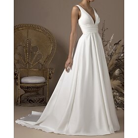 Hall Casual Wedding Dresses A-Line V Neck Sleeveless Sweep / Brush Train Satin Bridal Gowns With Pleats