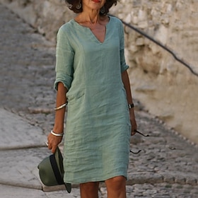 Women's Shift Dress Knee Length Dress Green Blue Pink Yellow Half Sleeve Pure Color Patchwork Spring Summer V Neck Basic Casual 2023 S M L XL XXL 3XL 4XL 5XL