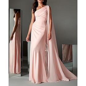 Sheath / Column Evening Gown Elegant Dress Engagement Formal Evening Sweep / Brush Train Sleeveless One Shoulder Chiffon With Sleek 2024