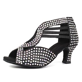 Women's Black Rhinestone Dance Shoes with Open Toe and Strappy Design - Sparkling Dance Heels for Latin, Salsa, and Ballroom Dancing