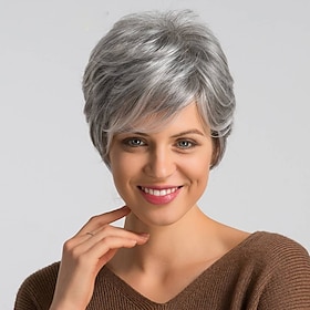 Human Hair Blend Wig Short Pixie Cut Dark Gray Mixed Color Fashionable Design Easy Dressing Comfortable Capless Women's Black / Grey 6 Inch