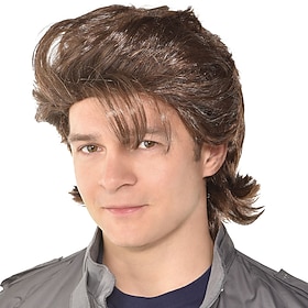Funny mens Wig Cosplay Wig Steve Harrington Loose Curl Asymmetrical Wig Short Brown Synthetic Hair Men's Anime Cosplay Exquisite Brown Halloween Wigs