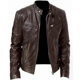 Men's Faux Leather Jacket Transition Jacket Biker Jacket Patent Leather Jacket Daily Wear Thermal Warm Windproof Full Zip Fall Solid Color Simple Casual Stand