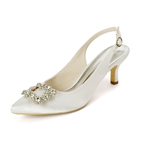 White Slingback Heels with Crystal Buckle for Women - Elegant Wedding and Evening Shoes