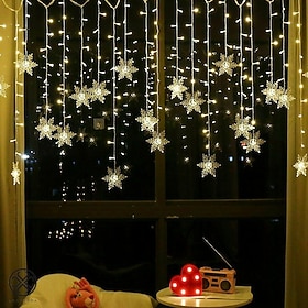 String Lights LED Snowflake Star Curtain Lights, 3.5m 96 LEDs, 8 Flash Modes Plug in Fairy Garland Lights for Window Curtain Home Holiday Party Outdoor Décor