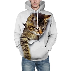 Men's Hoodie Pullover Hoodie Sweatshirt Denim Blue Black White Pink Purple Hooded Graphic Cartoon Cat Front Pocket Daily 3D Print Active Cu