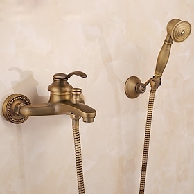 Shower Faucet Set,Mount Outside Antique Brass/Brass/Yellow Dual-Head Pullout Vintage Style, Brass Shower Faucet With Rain Shower/Handshower