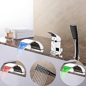 Bathtub Faucet Waterfall Spout LED 3 Color Water Flow With Heldhand Shower, Widespread Bath Roman Tub Filler Mixer Tap Bathroom 3 Hole Deck
