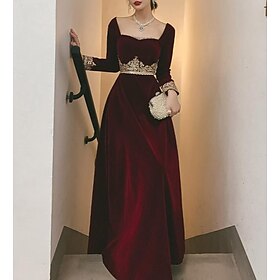 A-Line Prom Black Dress Vintage Dress Halloween Party Wear Floor Length Long Sleeve Scoop Neck Fall Wedding Guest Velvet With Appliques 202