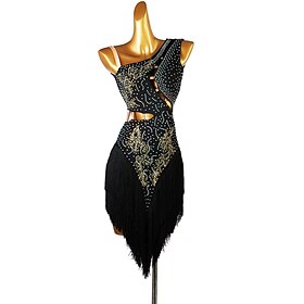Latin Dance Dress Fringed Tassel Split Joint Crystals / Competition Dress Rhinestones Women's Performance Sleeveless Chinlon