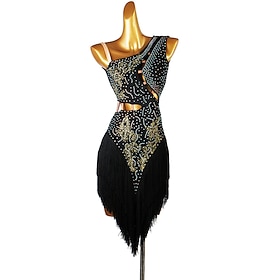 Dance Salsa Latin Dance Dress Fringed Tassel Split Joint Crystals / Competition Dress Rhinestones Women's Performance Sleeveless Chinlon
