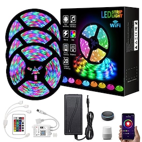 Smart RGB LED Strip Light App Control 15m 49ft 2835 SMD 810 LEDs IR 24 Key Controller Work with Alexa 12V 3A Adapter Kit