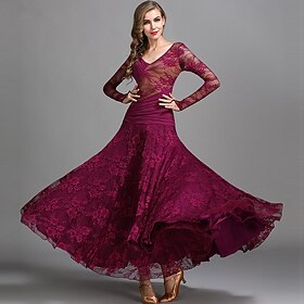 Ballroom Dance Dress Ruching Split Joint Women's Performance Training Long Sleeve Natural Lace Milk Fiber