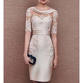 Sheath / Column Mother Of The Bride Dress Wedding Guest Elegant Vintage Jewel Neck Knee Length Satin Lace Short Sleeve With Appliques 2024