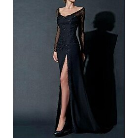 Sheath Party Dress Sexy Engagement Formal Evening Dress Scoop Neck Long Sleeve Floor Length Chiffon With Beading Lace Insert Split Front 20