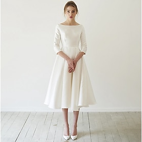 Princess A-Line Wedding Dresses V Neck Tea Length Satin Short Sleeve Simple Vintage Little White Dress with Pleats 2022