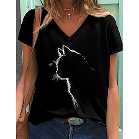 T Shirt Tee Femme Noir Graphic Chat Imprimer Manches Courtes Du Quotidien Fin De Semaine Basique Col V Normal Standard Chat 3D S