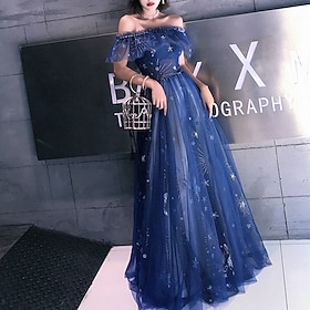 A-Line Prom Dresses Elegant Dress Wedding Guest Party Wear Floor Length Short Sleeve Off Shoulder Tulle With Embroidery Tiered 2024