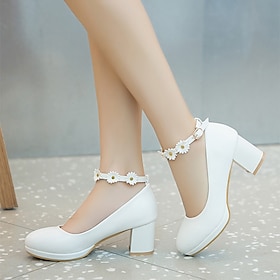 Girls' White Block Heel Dress Shoes with Daisy Flower Ankle Strap - Cute Formal Mary Jane Pumps for Special Occasions