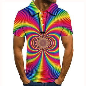 Men's Polo Shirt Tennis Shirt Golf Shirt Rainbow Optical Illusion Collar Yellow Pink Purple Rainbow 3D Print Street Casual Short Sleeve But