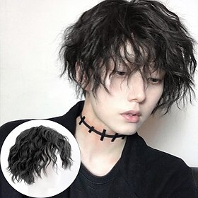 Brown Wigs for Men Male Wig Short Curly Black Synthetic Wigs with Bangs for Men Women Boy