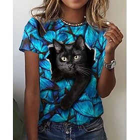 Women's T Shirt Tee Graphic Cat 3D Daily Weekend Blue Print Short Sleeve Basic Round Neck Regular Fit