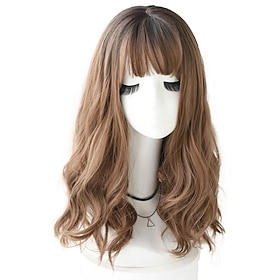 Light Blonde Synthetic Wigs For Women Realistic Long Pastel Brown Grey Wigs With Bangs Medium Wavy Lolita Cosplay Wig ChristmasPartyWigs barbiecore Wigs