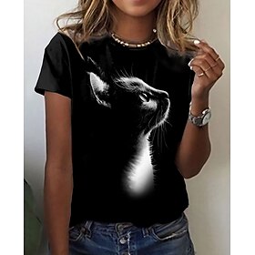 Women's T Shirt Tee Animal Cat 3D Daily Weekend Black Print Short Sleeve Basic Round Neck Regular Fit