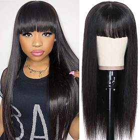 Human Hair Wig Long Straight With Bangs Natural Party Best Quality New Arrival Capless Brazilian Hair Women's Natural Black #1B 10 Inch 12