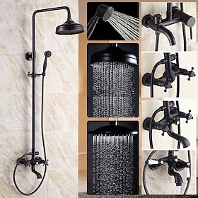 Antique Shower System Faucet Combo Set, 8 Rainfall Shower Head Kit with Handshower Wall Mounted, Brass Copper Black Electroplated Finish Vintage Style 2 Handle
