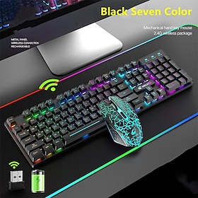 Kabellose Gaming-Tastatur Und -Maus-Kombination Mit Regenbogen-LED-Hintergrundbeleuchtung, Wiederaufladbarer 3800-mAh-Akku, Mechanisches Ge