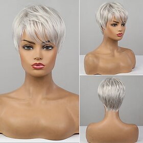 Human Hair Blend Wig Short Straight Natural Straight Pixie Cut Side Part Layered Haircut Asymmetrical White Brown Cosplay Curler  straightener Natural Hairline