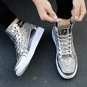 Silver Glitter High-Top Sneakers with Metallic Finish  Fashionable Men's Casual Shoes for Parties and Street Style