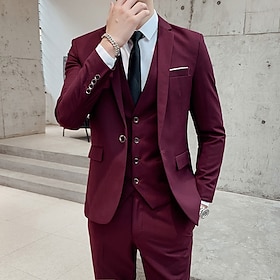 Black White Burgundy Men's Wedding Party/Evening Suits Solid Colored 3 Piece Formal Standard Fit Single Breasted One-button