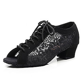 Women's Latin Shoes Practice Trainning Dance Shoes Line Dance Performance Training Practice Embroidery Heel Lace Tulle Solid Color Thick He