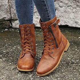 Women's Boots Combat Boots Lace Up Boots Outdoor Daily Booties Ankle Boots Zipper Flat Heel Round Toe Vintage Casual Comfort Walking Faux Leather Patent Leathe