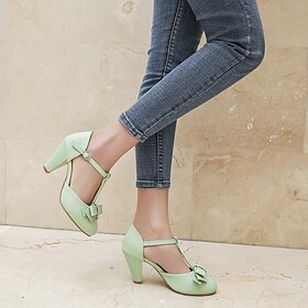 1950s Vintage Mint Green T-Strap Heels with Bow – Retro Chunky Mid-Heel Pumps for Women, Ideal for Swing Dance, Retro Parties, and Daily Wear