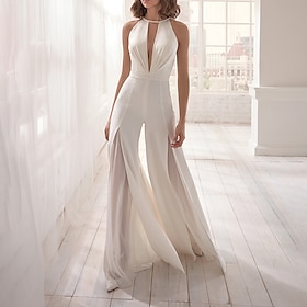 Hall Open Back Simple Wedding Dresses Jumpsuits Halter Neck Sleeveless Floor Length Stretch Fabric Bridal Gowns With / Solid Color 2024