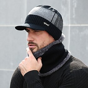 Men's Unisex Beanie Hat and Scarf Set Black Dark Navy Knitted Cycling / Bike Solid / Plain Color
