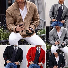 Men's Sweater Cardigan Cropped Sweater Knit Knitted V Neck Modern Contemporary Casual Daily Wear Clothing Apparel Fall Winter Black Yellow S M L